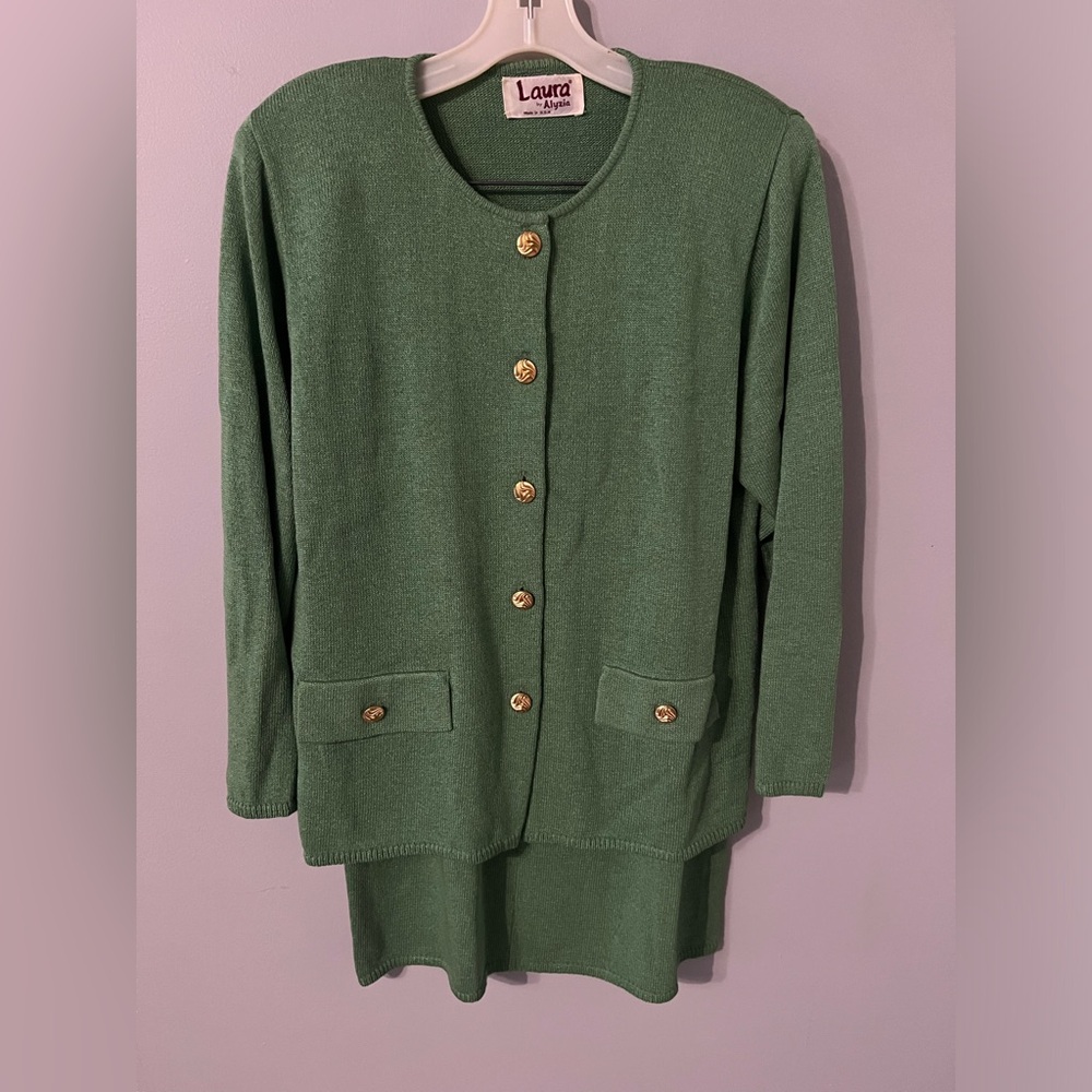 Vintage Laura by Alyzia Green Cardigan & Skirt Set with Gold Buttons 80s Preppy